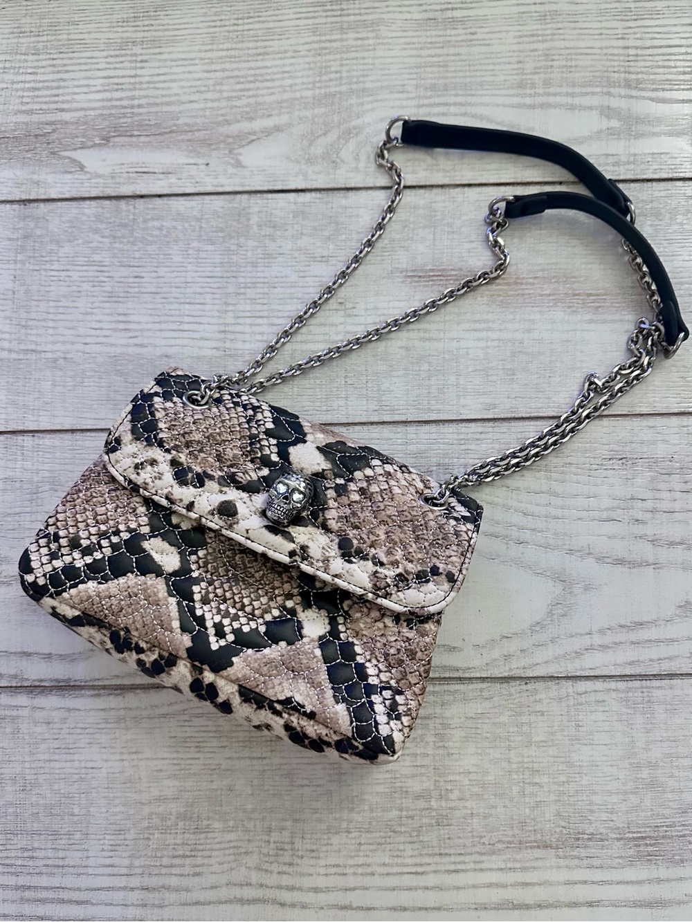 Betsey Johnson Slithern’ Skull Snake Print Chain Crossbody Bag.   NWOT.